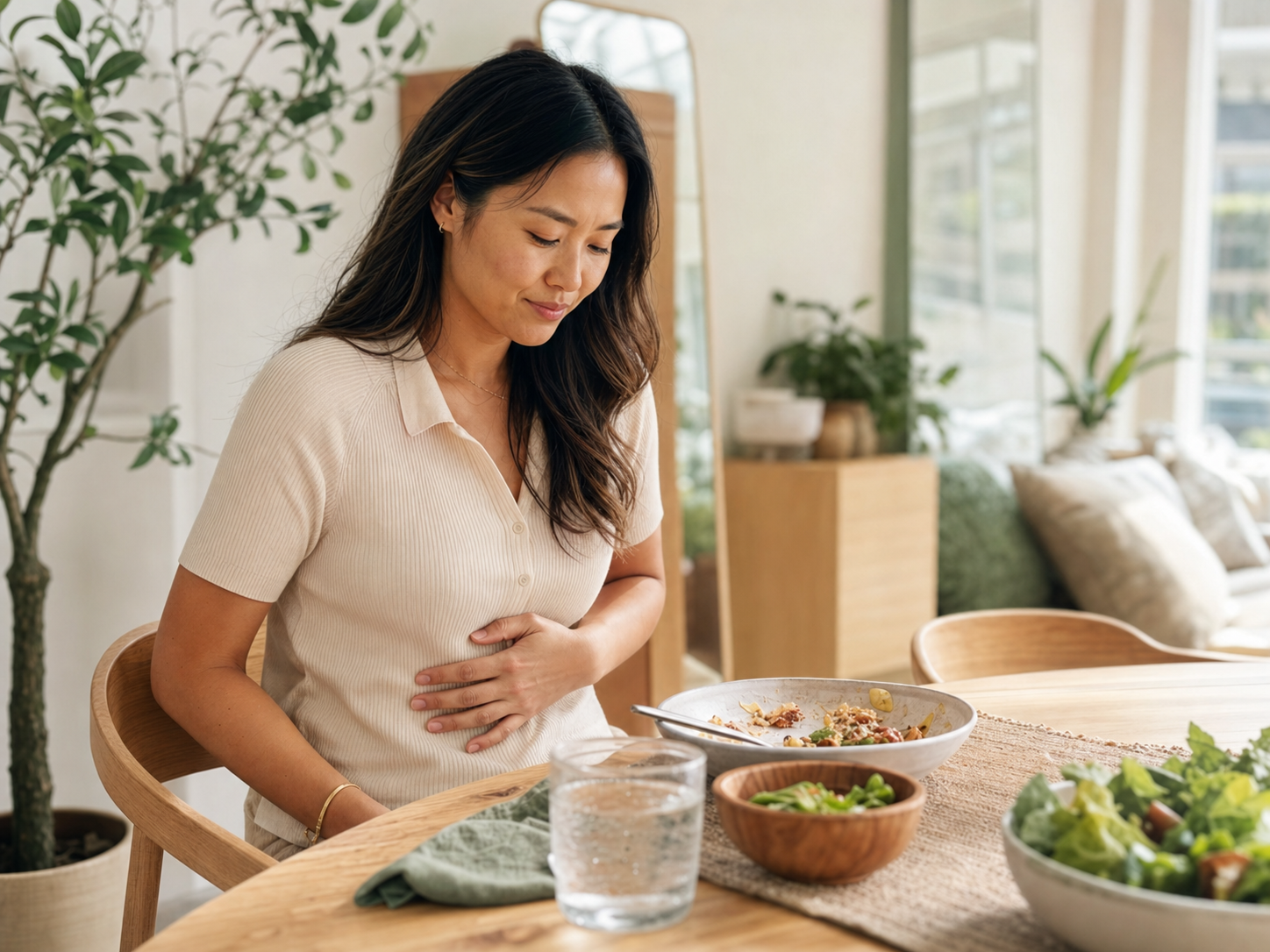 Woman after a meal focusing on daily gut comfort