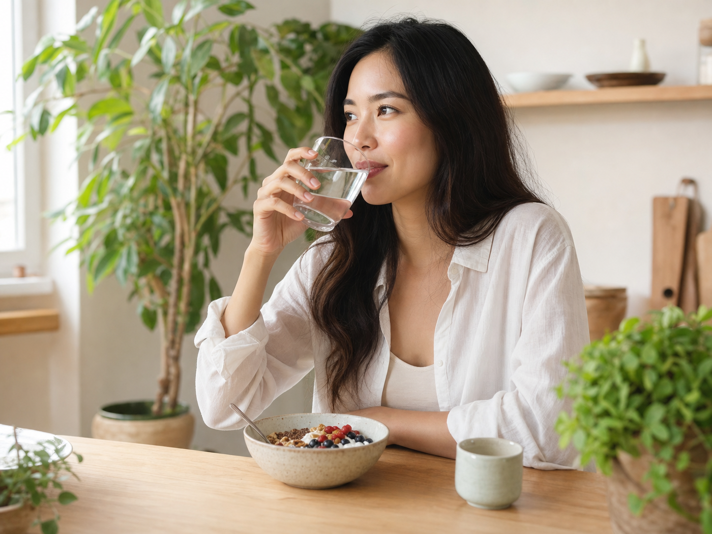 Woman drinking water as part of a daily gut balance routine