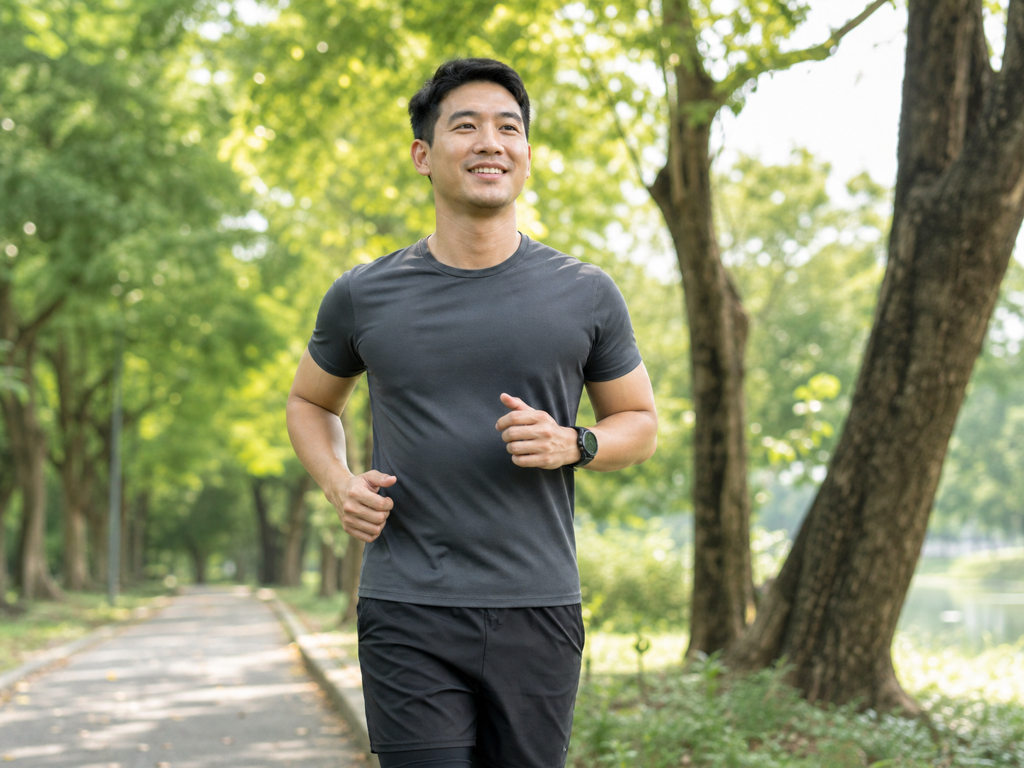 Man jogging outdoors as part of a daily wellness routine